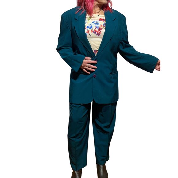 Vintage Oversized Blazer Co-ord Suit Matching Set Teal High Waist Pleated Pants - Picture 8 of 16